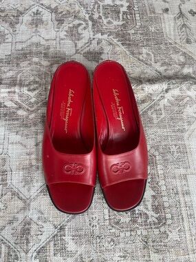 Salvatore Ferragamo Red Leather Slide Mules with Gancini Detail